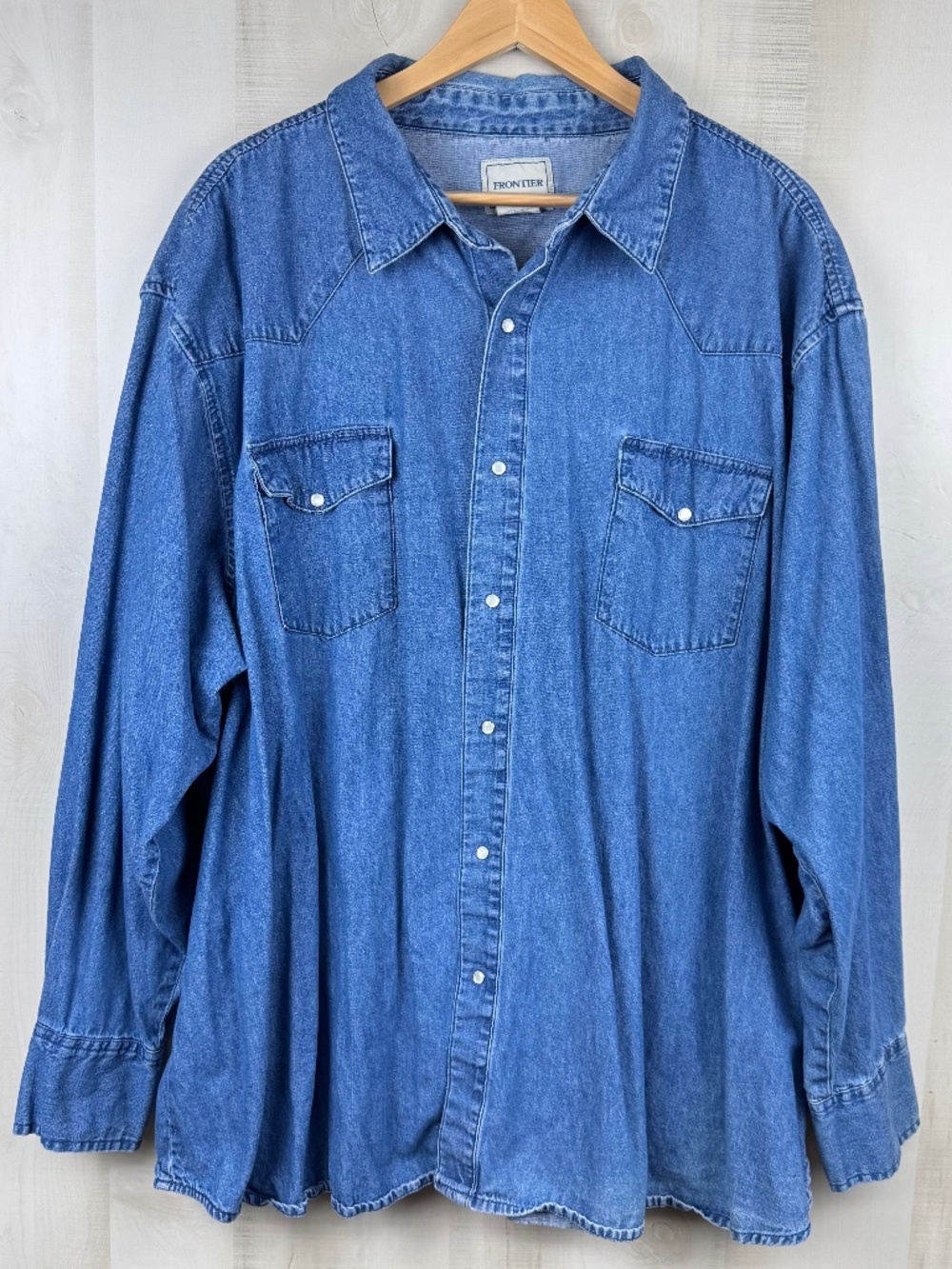 Vintage Frontier Mens Long Sleeve Denim Pearl Snap Western Shirt Medium Wash 4XL